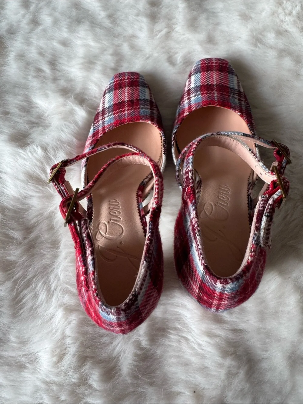 J. Crew Red Plaid Triple-Strap Pointed Pumps